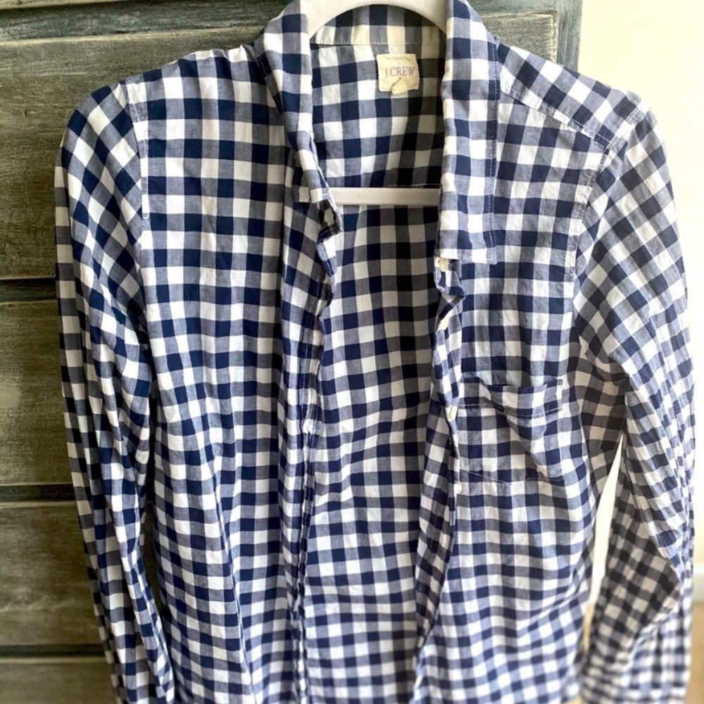 J. Crew Factory Blue and White Gingham Button-Down Shirt